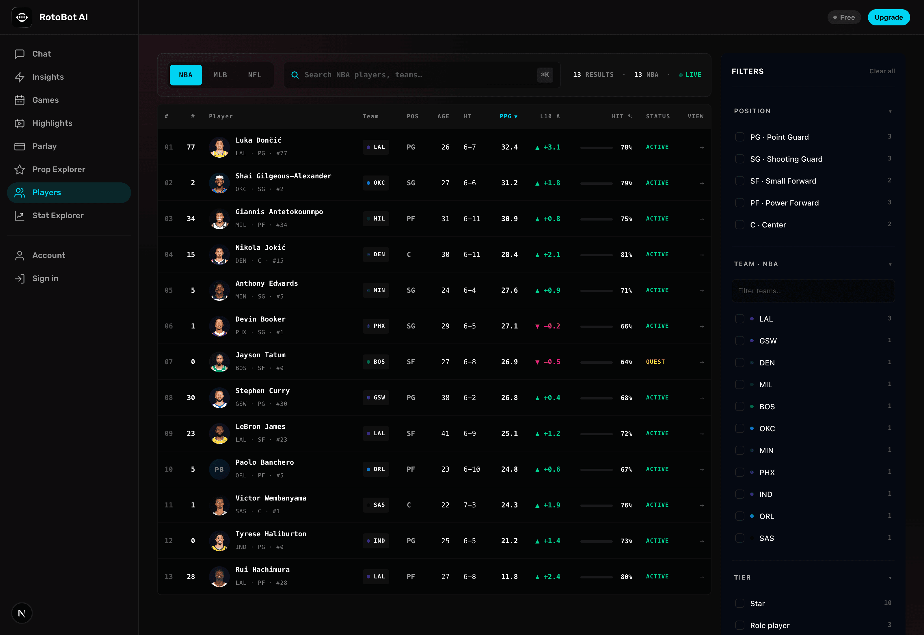RotoBot web app — Player Search